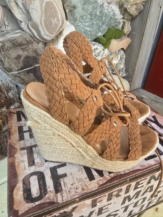 Shoes - Tan Braided Leather Lace-Up Espadrille Wedges